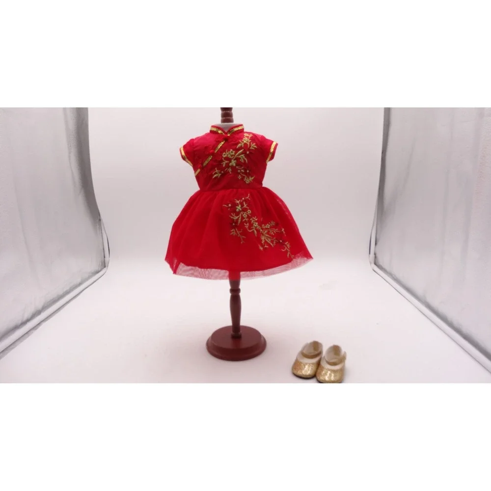 American Girl Lunar New Year Red Mandarin Collar Dress and Gold Glitter Shoes
